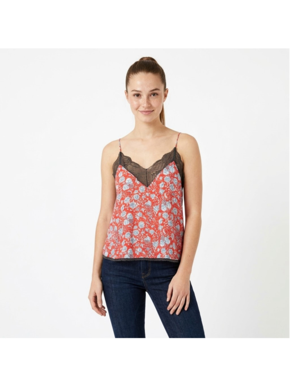 Zadig & Voltaire Christy Floral Lace Trim Camisole Top Red V-Neck Cami - Medium